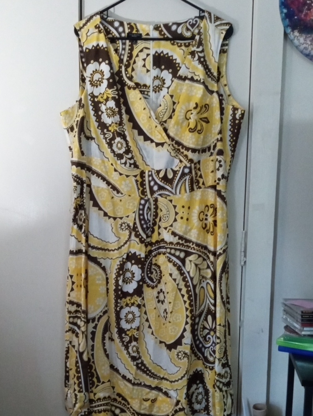 Talbots Yellow and Brown Paisley Plus Size Surplice Cotton Midi Dress Size 20